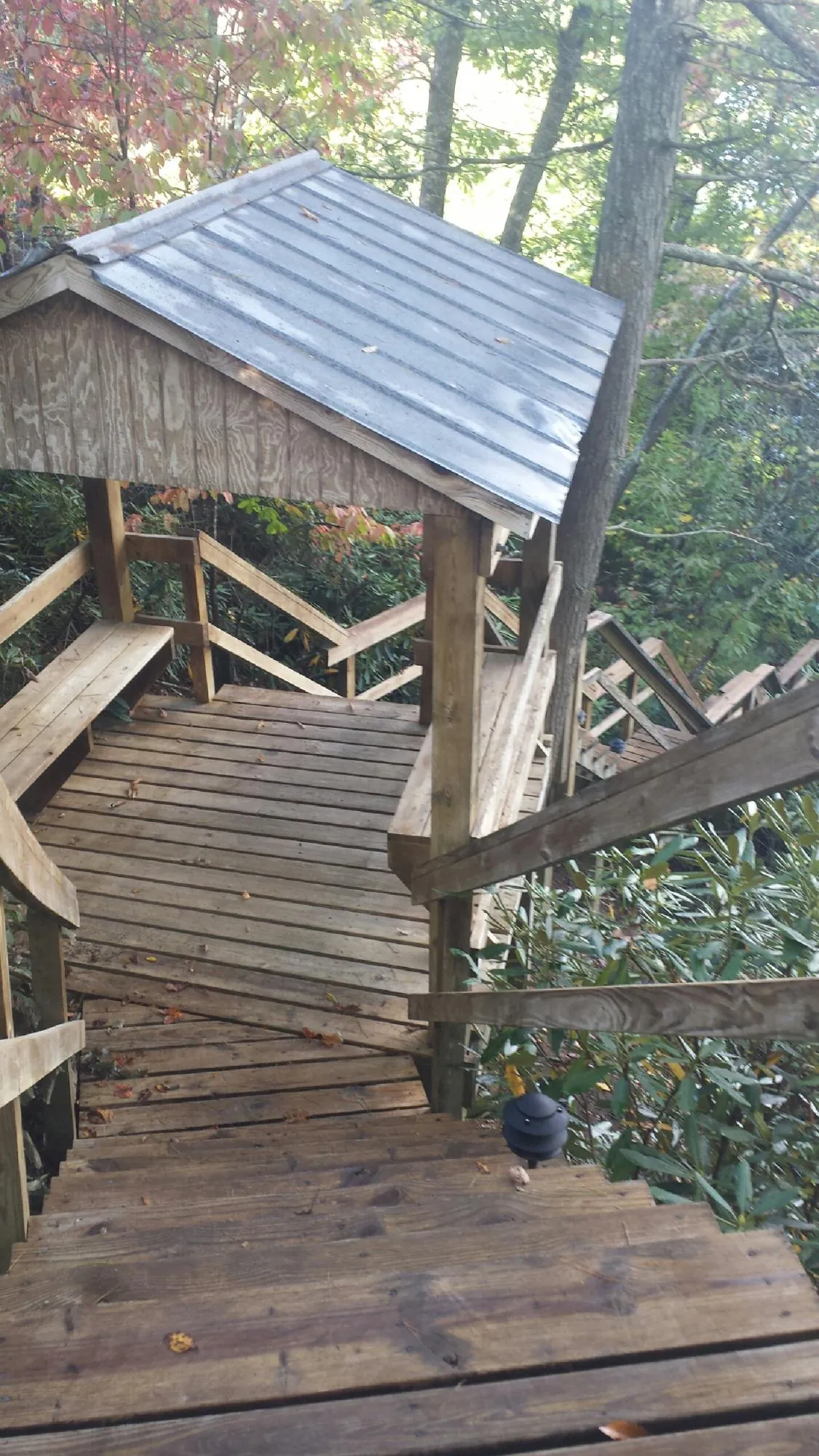 Metal roofed shelter over wooden steps on a wooded walkway — Skylight Repair & Installation work by our crew in Toppenish